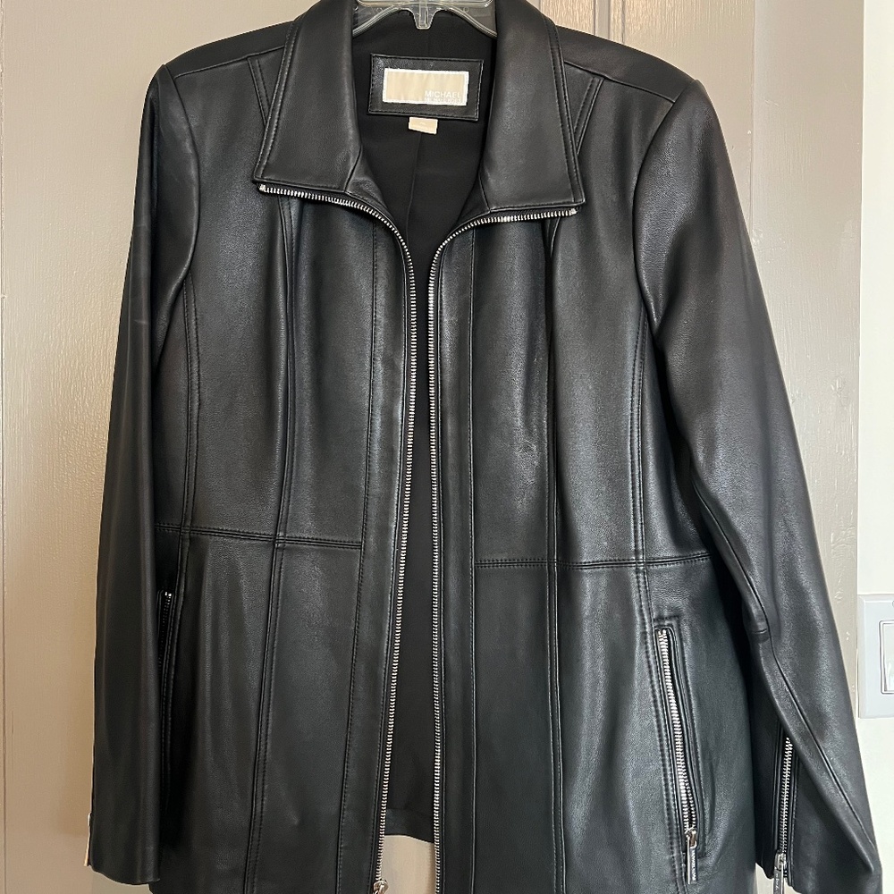 NEW Size PXL Womens Michael Kors Black 100% Genuine Lambs Leather Zip-Up Jacket